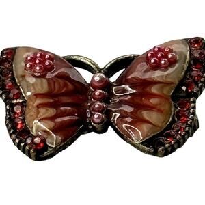 Pink Vintage Butterfly Brooch, Pink Faux Pearls Red Rhinestones Feminine Pin